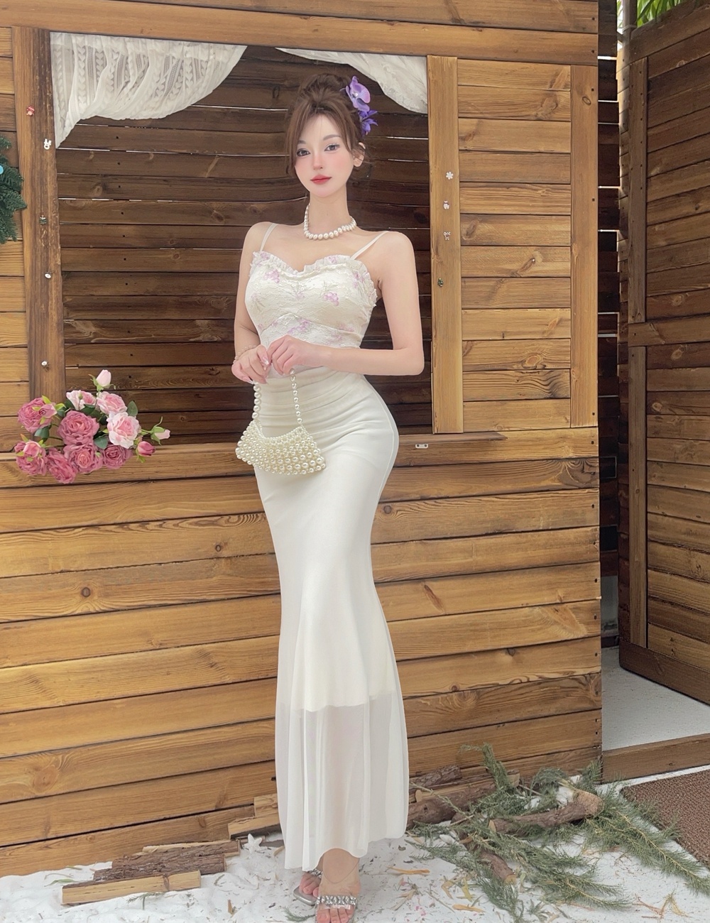 Flowers splice France style dress lace slim formal dress