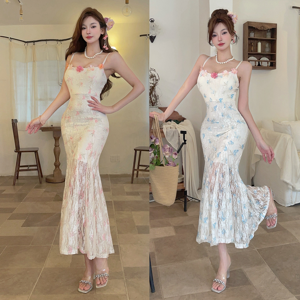 Splice sling mermaid long dress gauze sexy floral dress