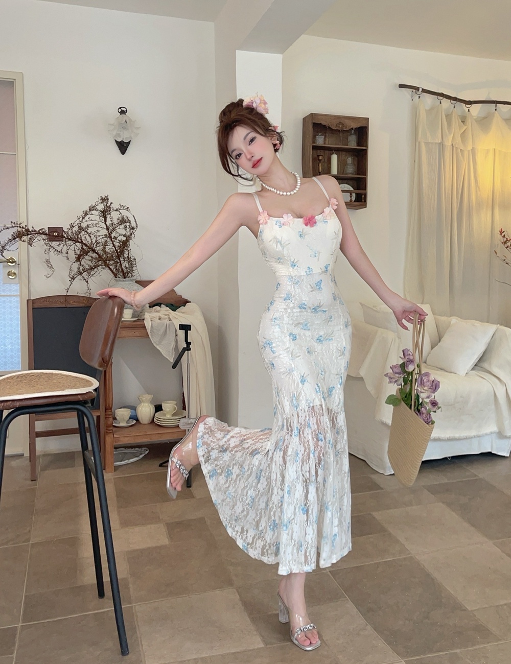 Splice sling mermaid long dress gauze sexy floral dress