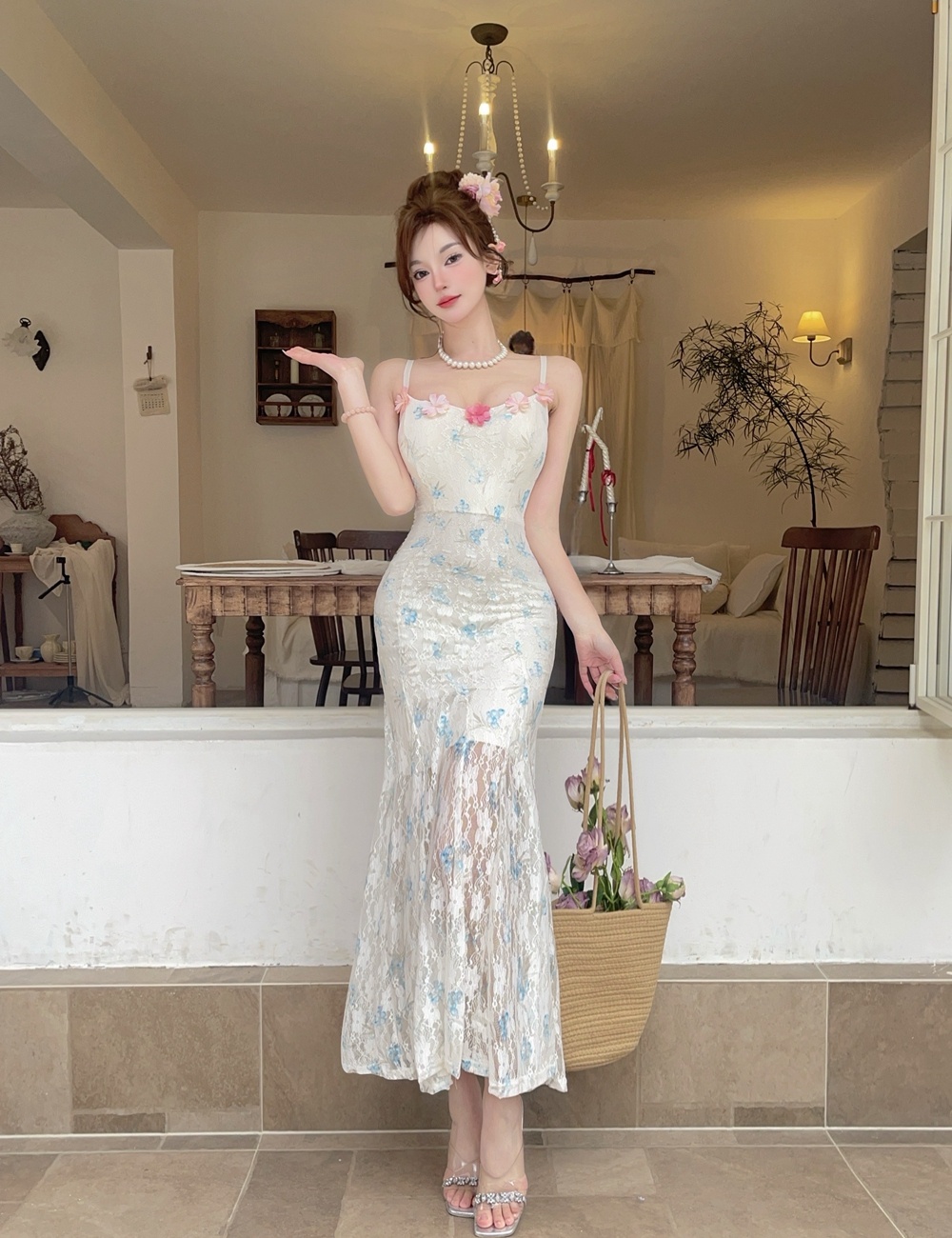 Splice sling mermaid long dress gauze sexy floral dress