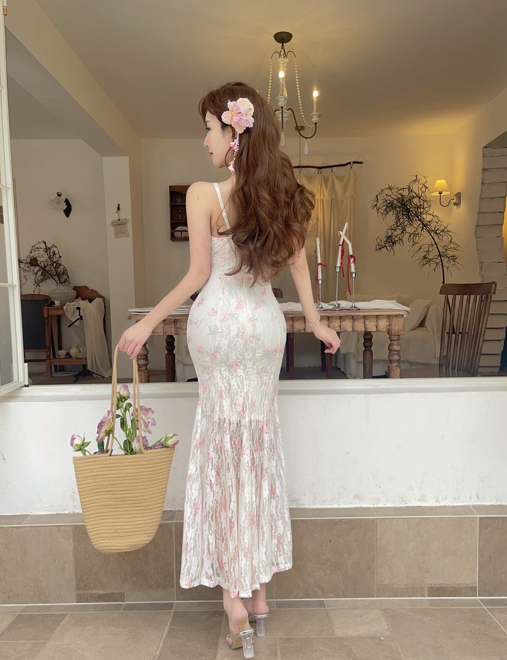 Splice sling mermaid long dress gauze sexy floral dress