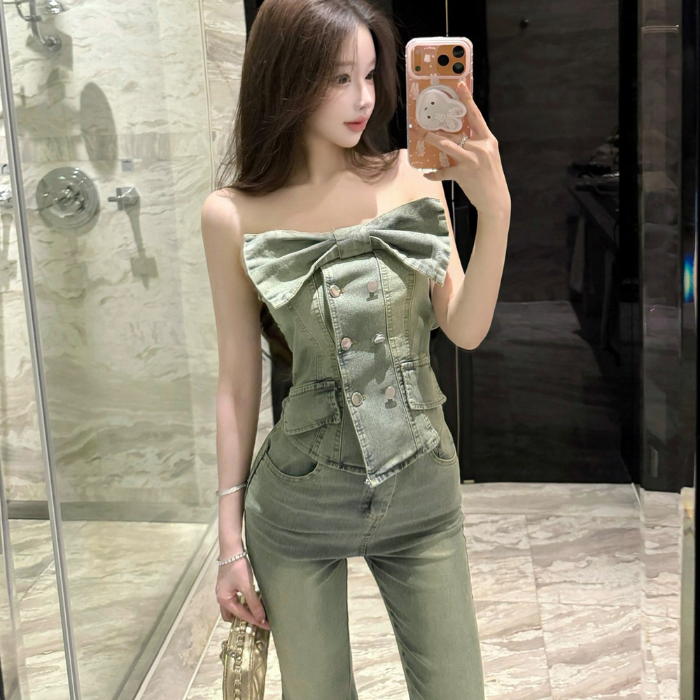 Wrapped chest flare pants vest 2pcs set for women