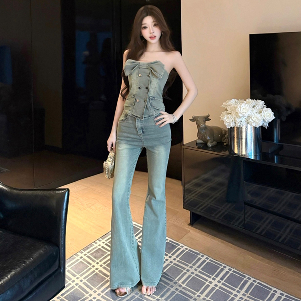 Wrapped chest flare pants vest 2pcs set for women