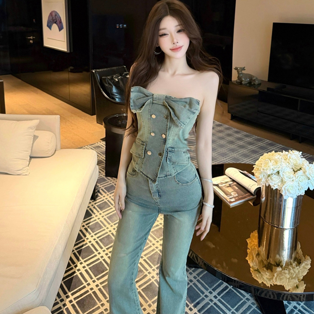 Wrapped chest flare pants vest 2pcs set for women