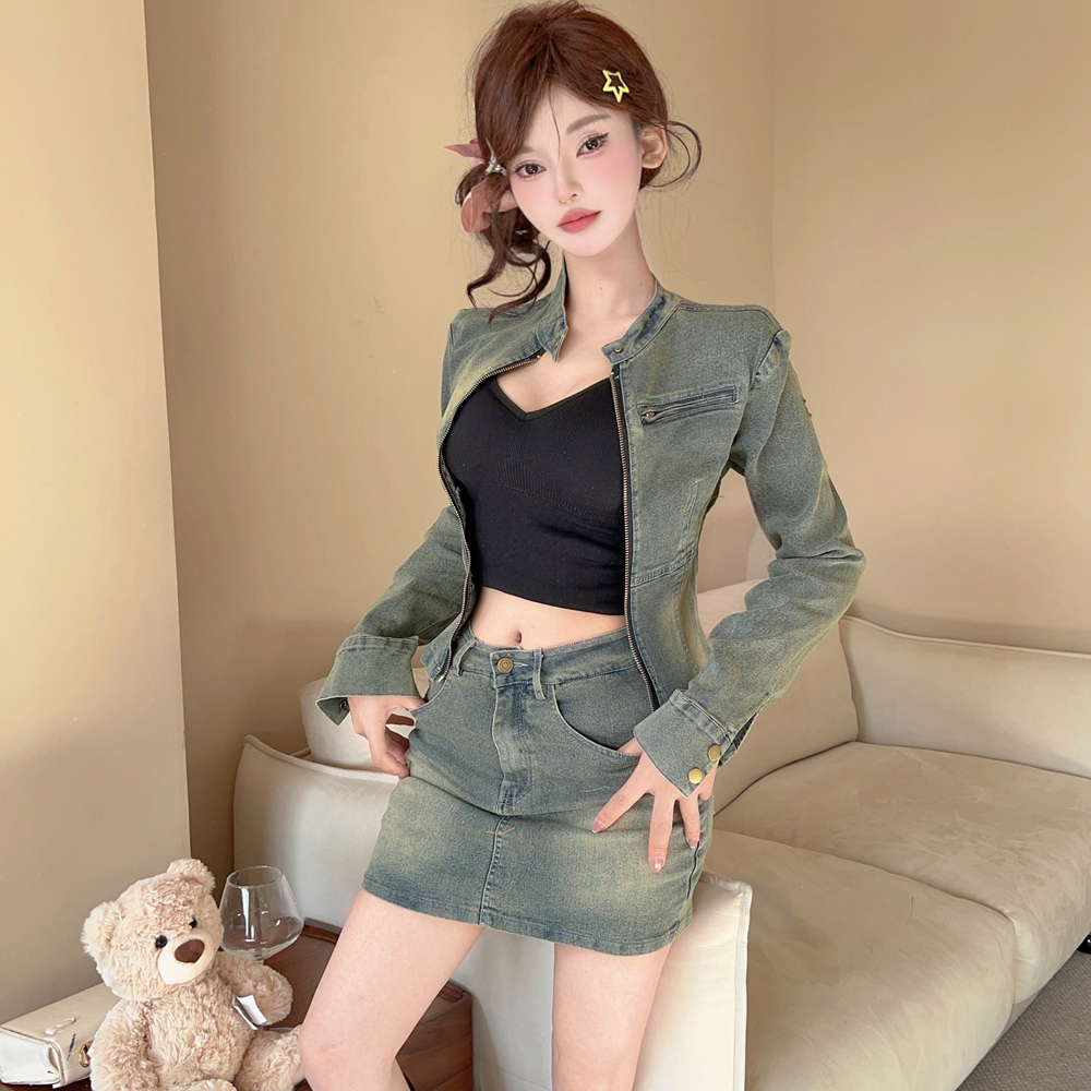 Long sleeve fashion retro jacket short denim short skirt a set