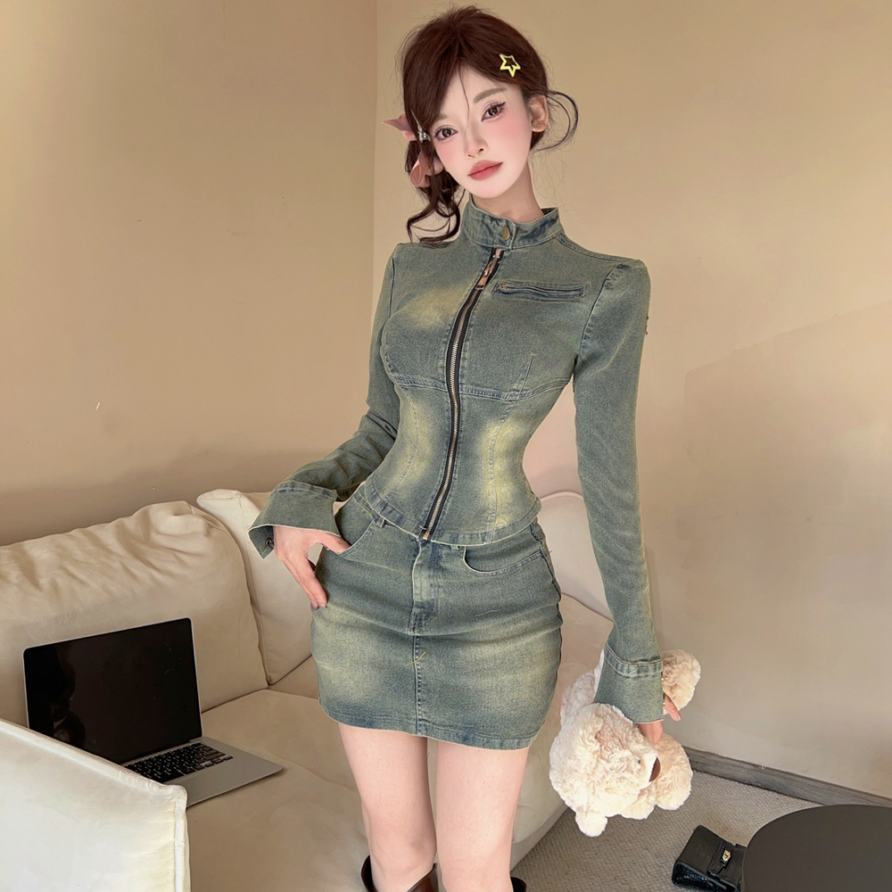 Long sleeve fashion retro jacket short denim short skirt a set
