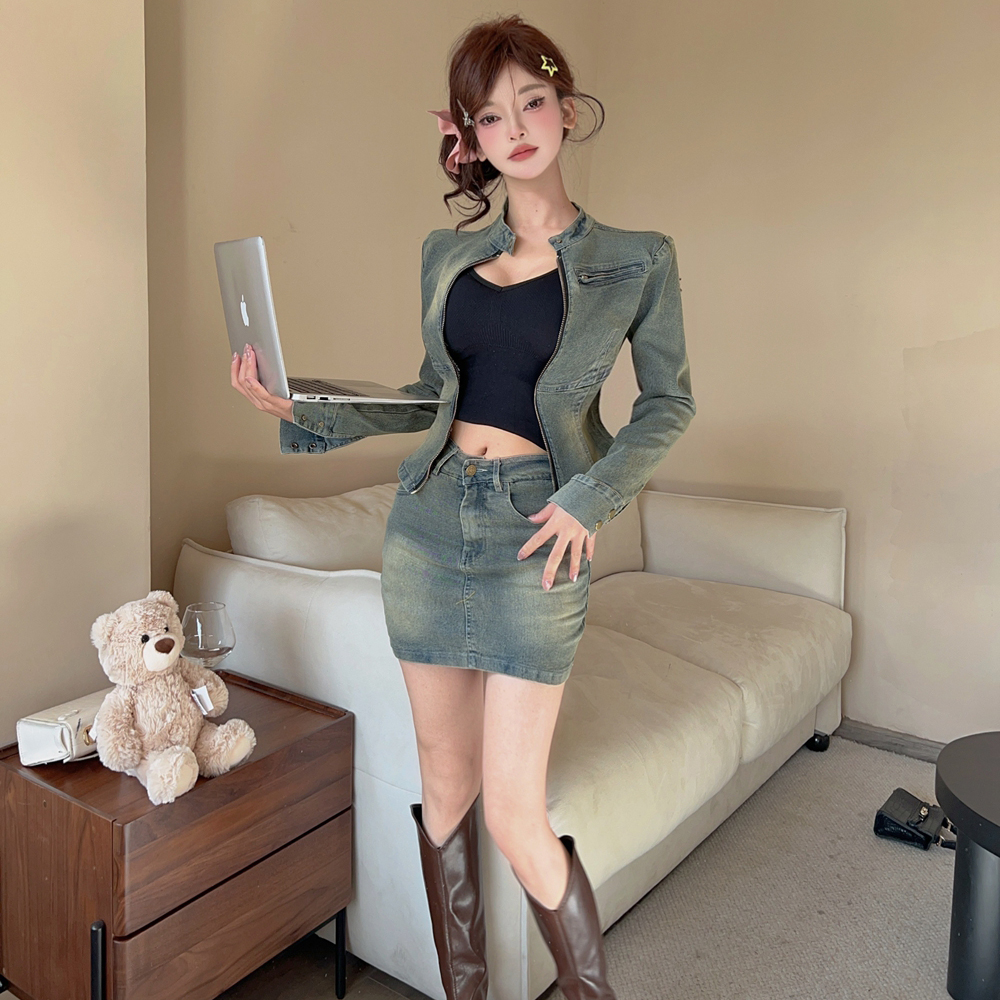 Long sleeve fashion retro jacket short denim short skirt a set