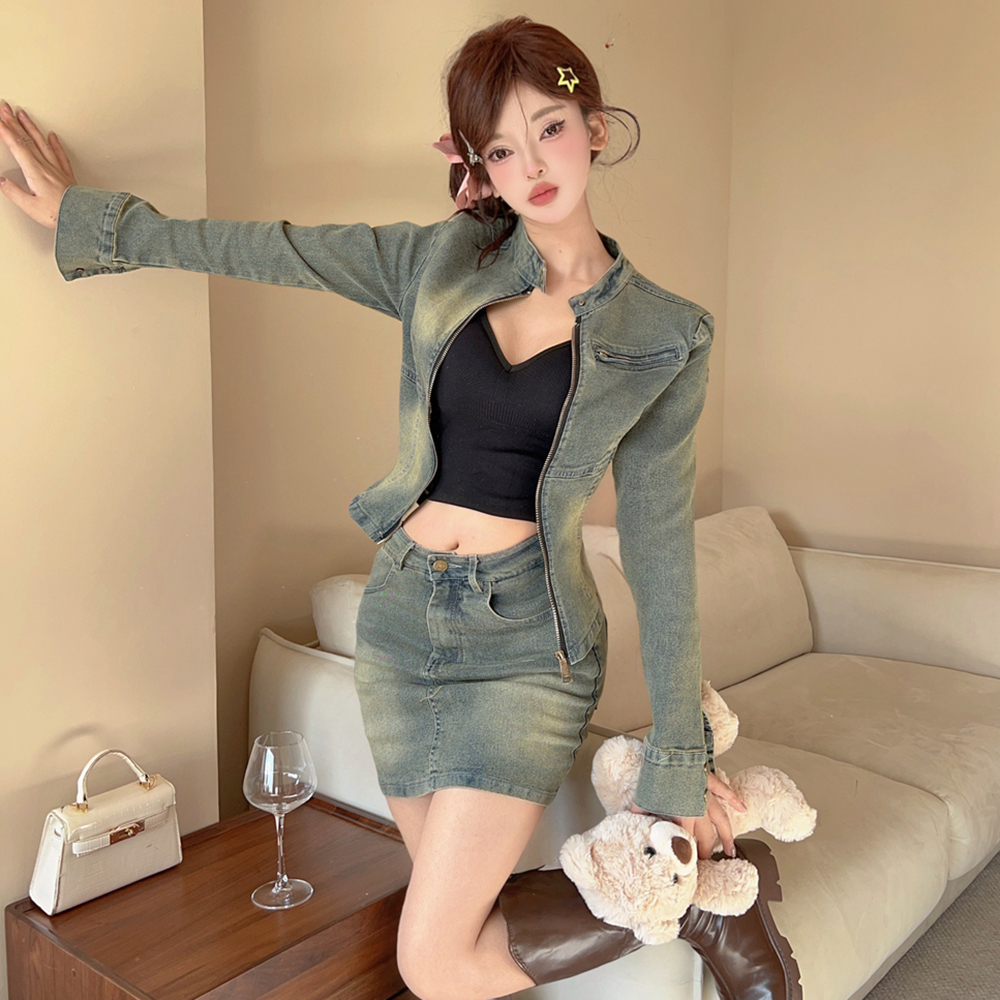 Long sleeve fashion retro jacket short denim short skirt a set
