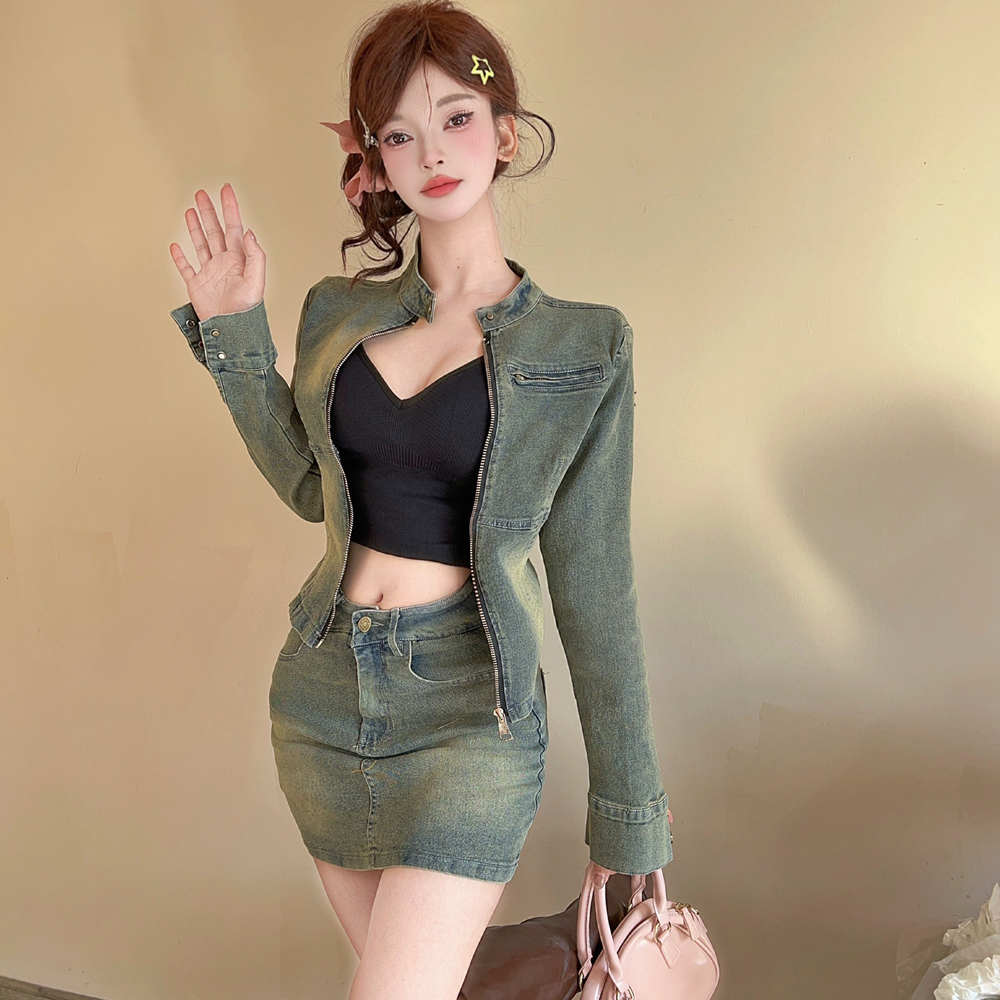 Long sleeve fashion retro jacket short denim short skirt a set