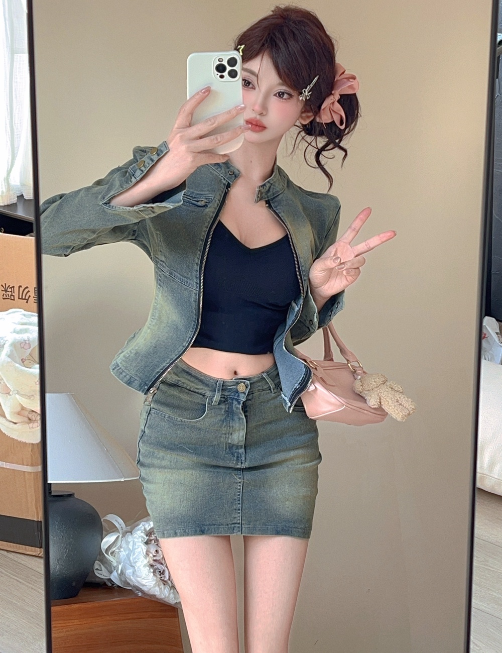 Long sleeve fashion retro jacket short denim short skirt a set