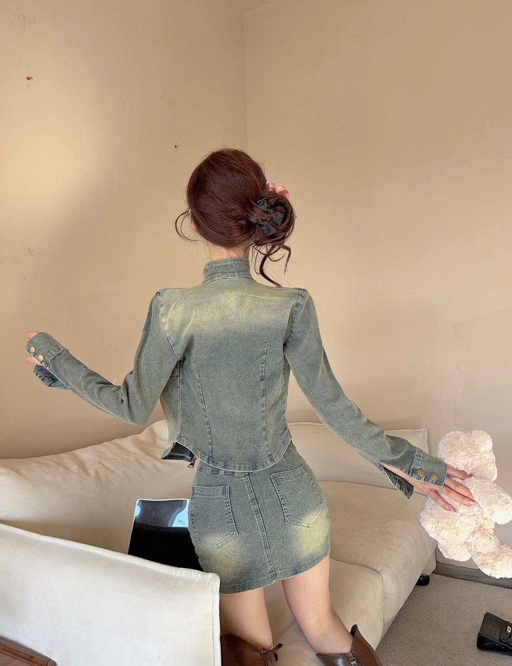 Long sleeve fashion retro jacket short denim short skirt a set