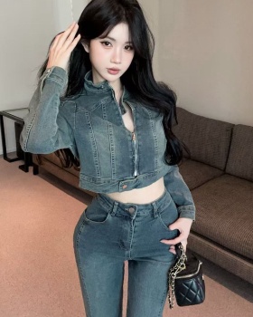 Zip slim coat spicegirl denim long pants 2pcs set