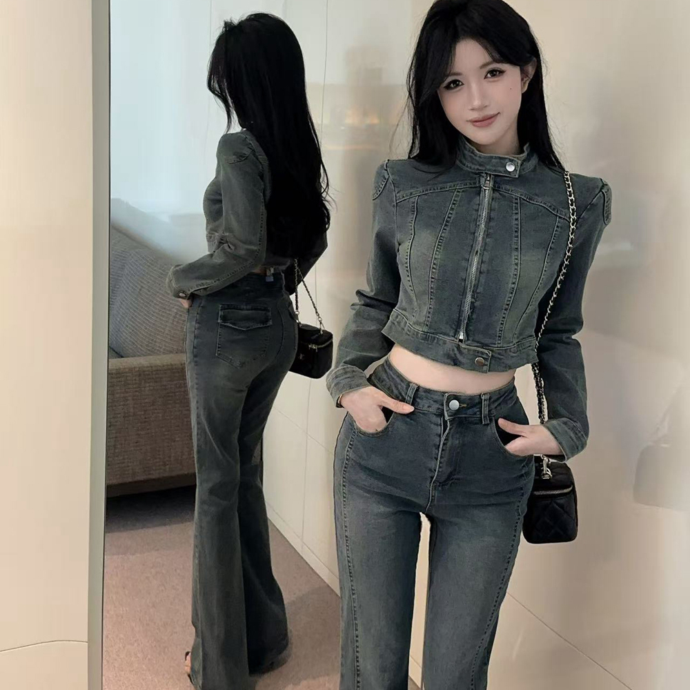 Zip slim coat spicegirl denim long pants 2pcs set