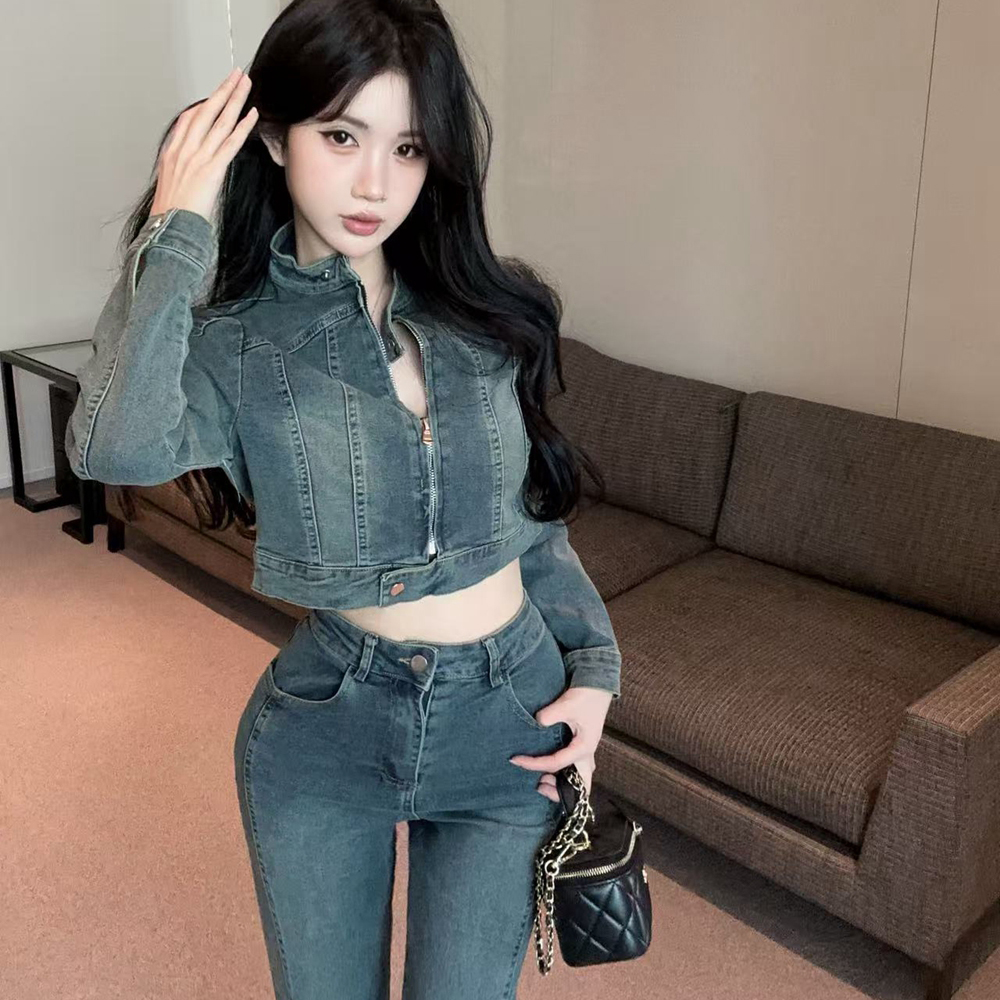 Zip slim coat spicegirl denim long pants 2pcs set