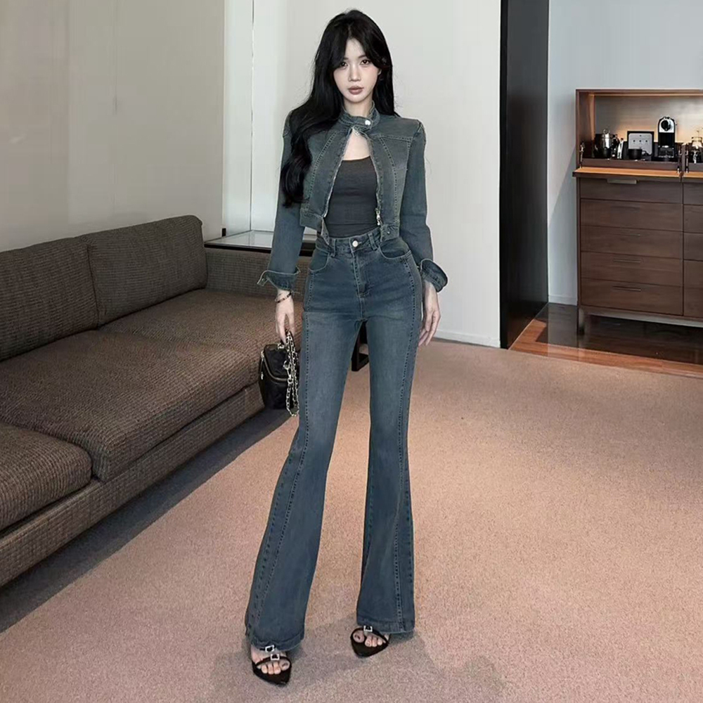 Zip slim coat spicegirl denim long pants 2pcs set