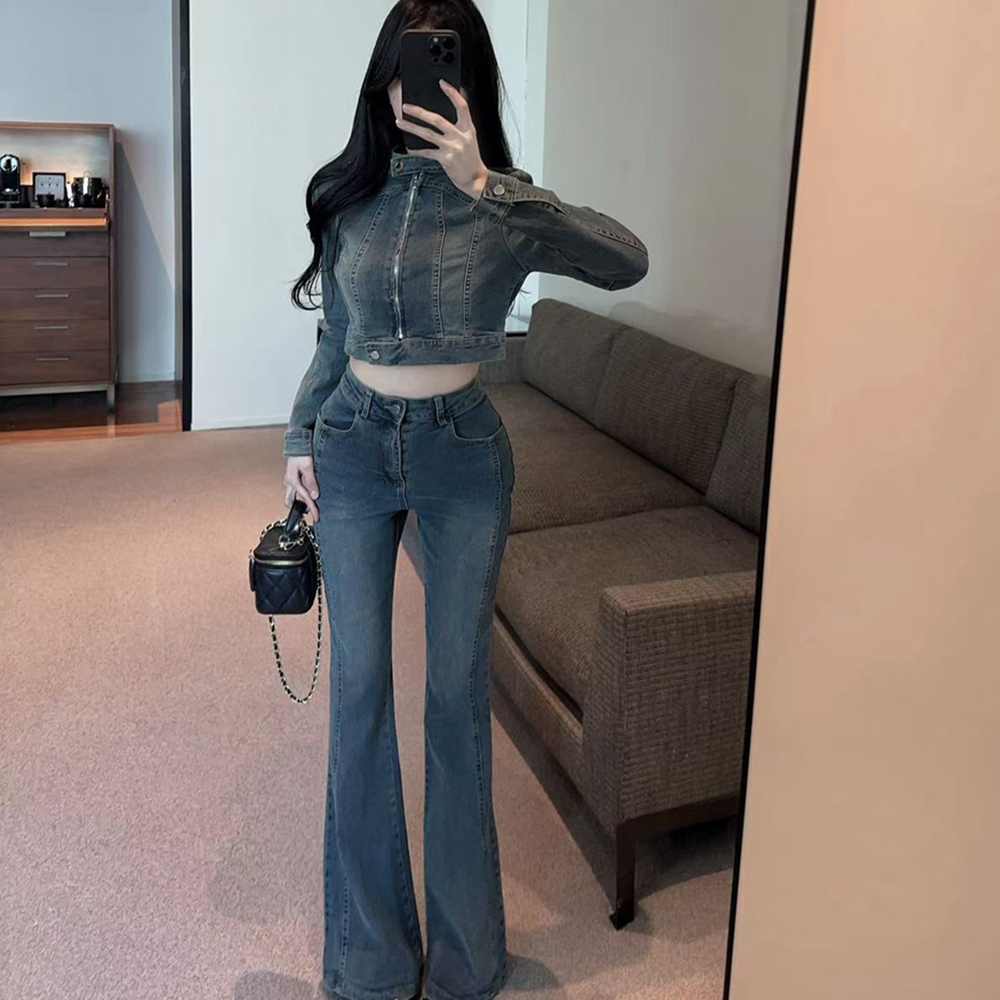 Zip slim coat spicegirl denim long pants 2pcs set