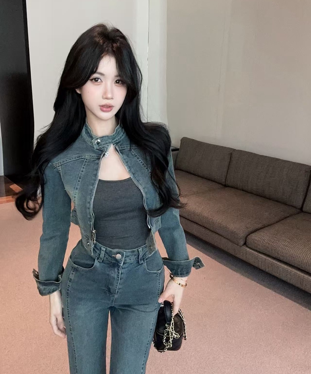 Zip slim coat spicegirl denim long pants 2pcs set