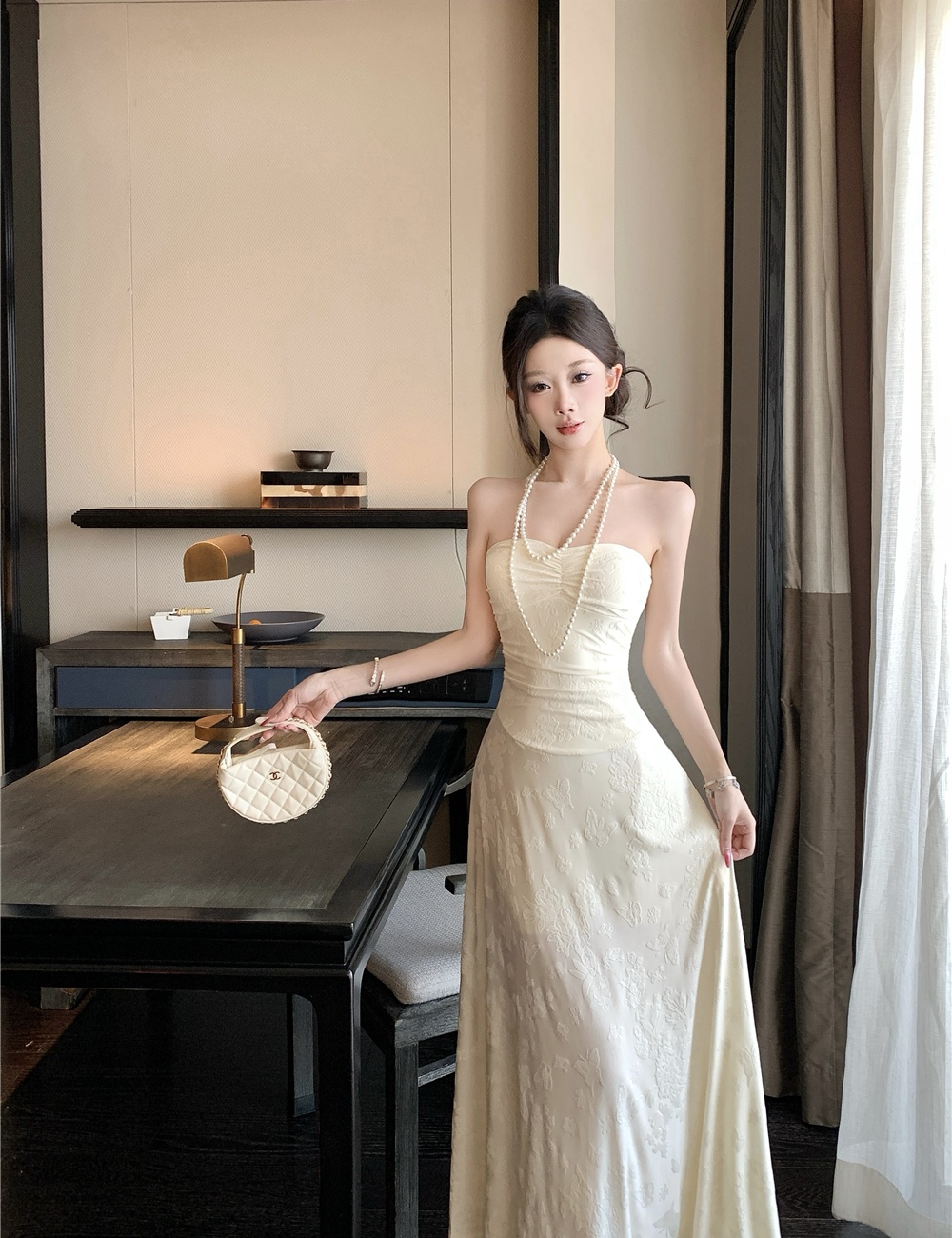 Niche enticement long dress summer flat shoulder dress