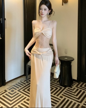 Pinched waist splice summer khaki package hip vacation dress