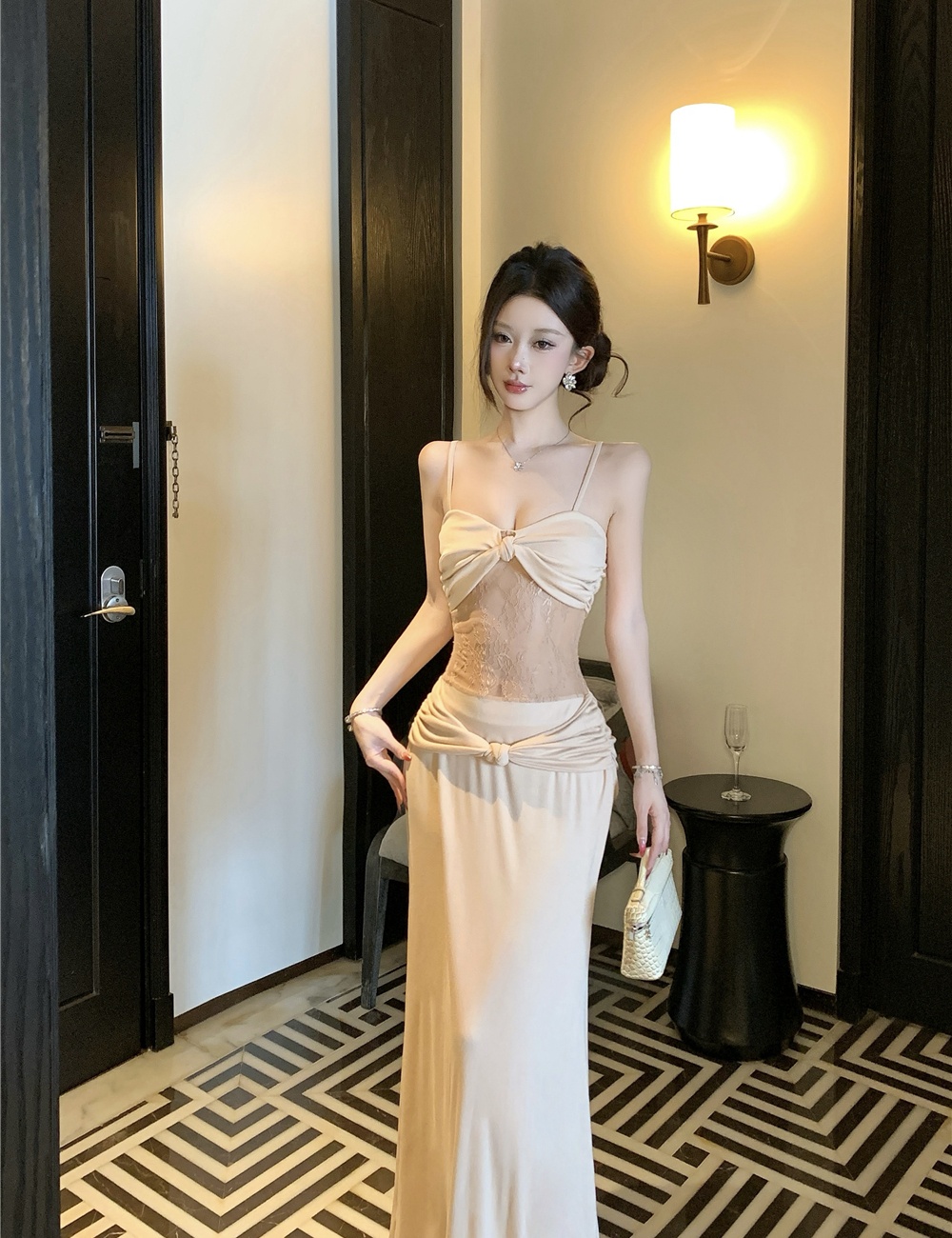 Pinched waist splice summer khaki package hip vacation dress