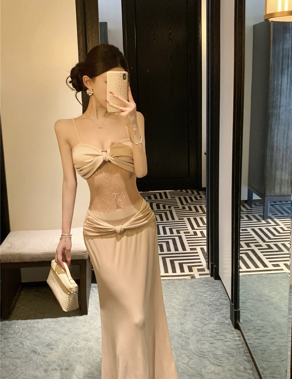 Pinched waist splice summer khaki package hip vacation dress