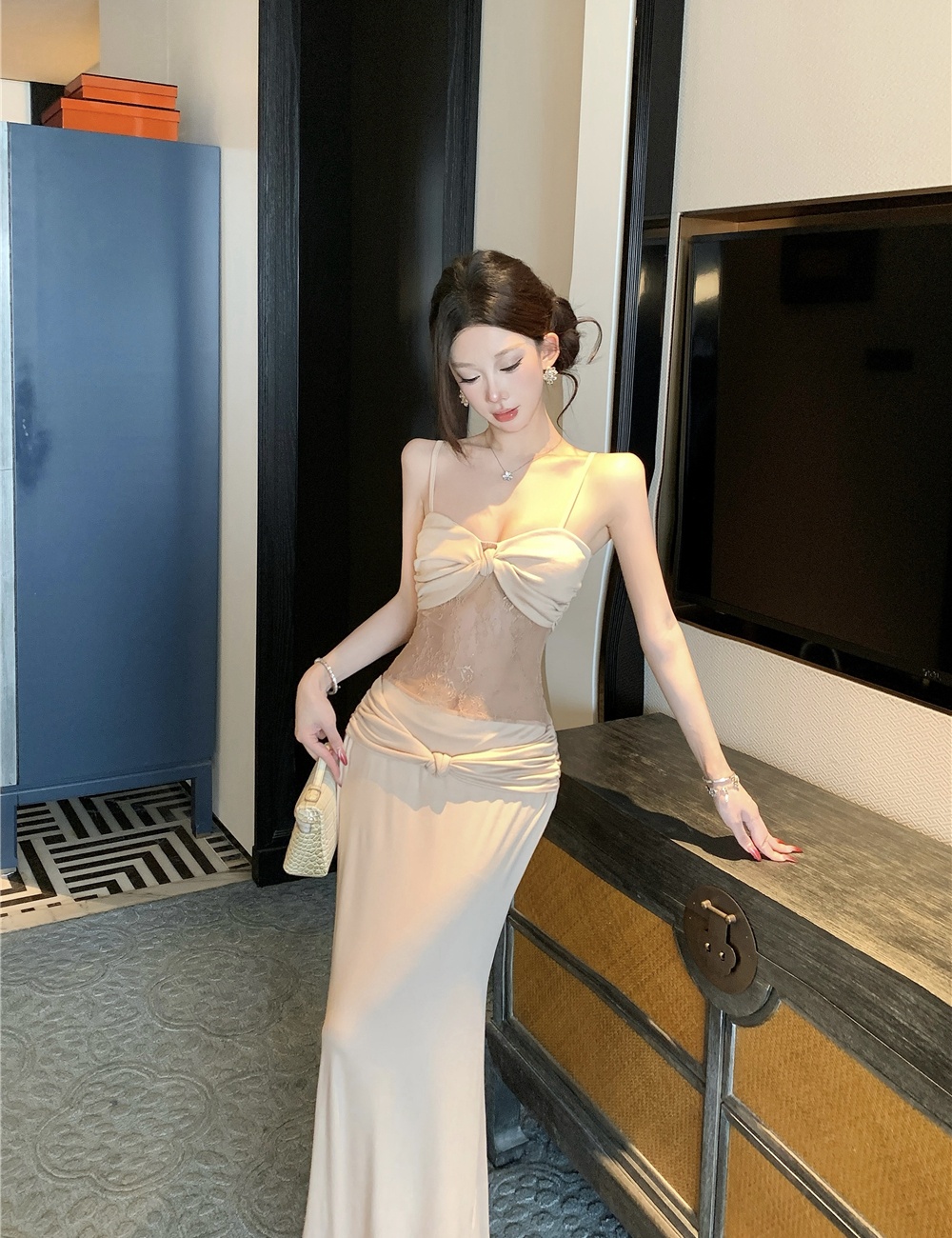 Pinched waist splice summer khaki package hip vacation dress