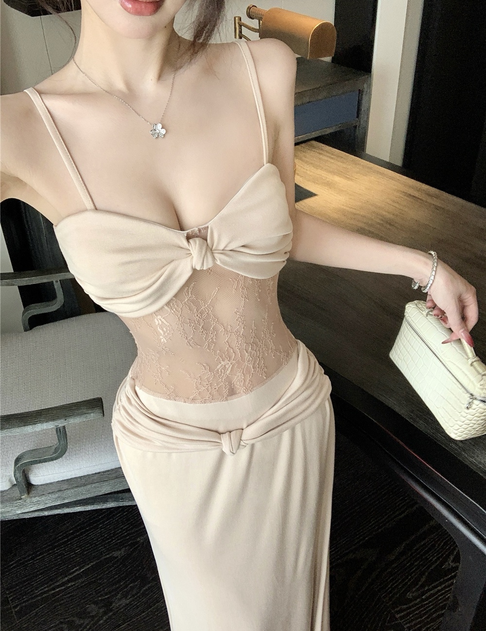 Pinched waist splice summer khaki package hip vacation dress