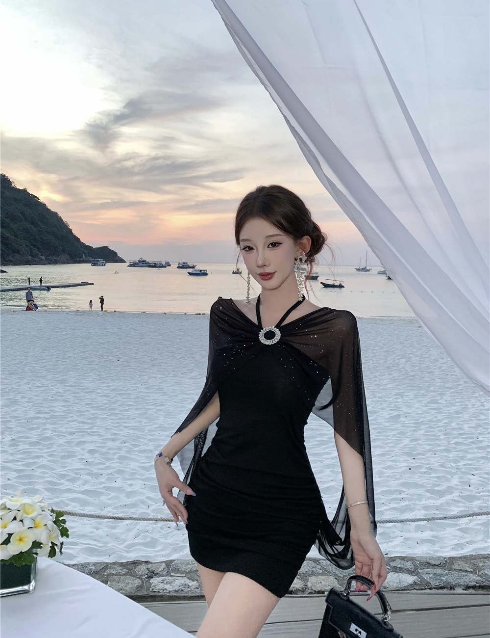 Halter package hip rhinestone summer slim dress