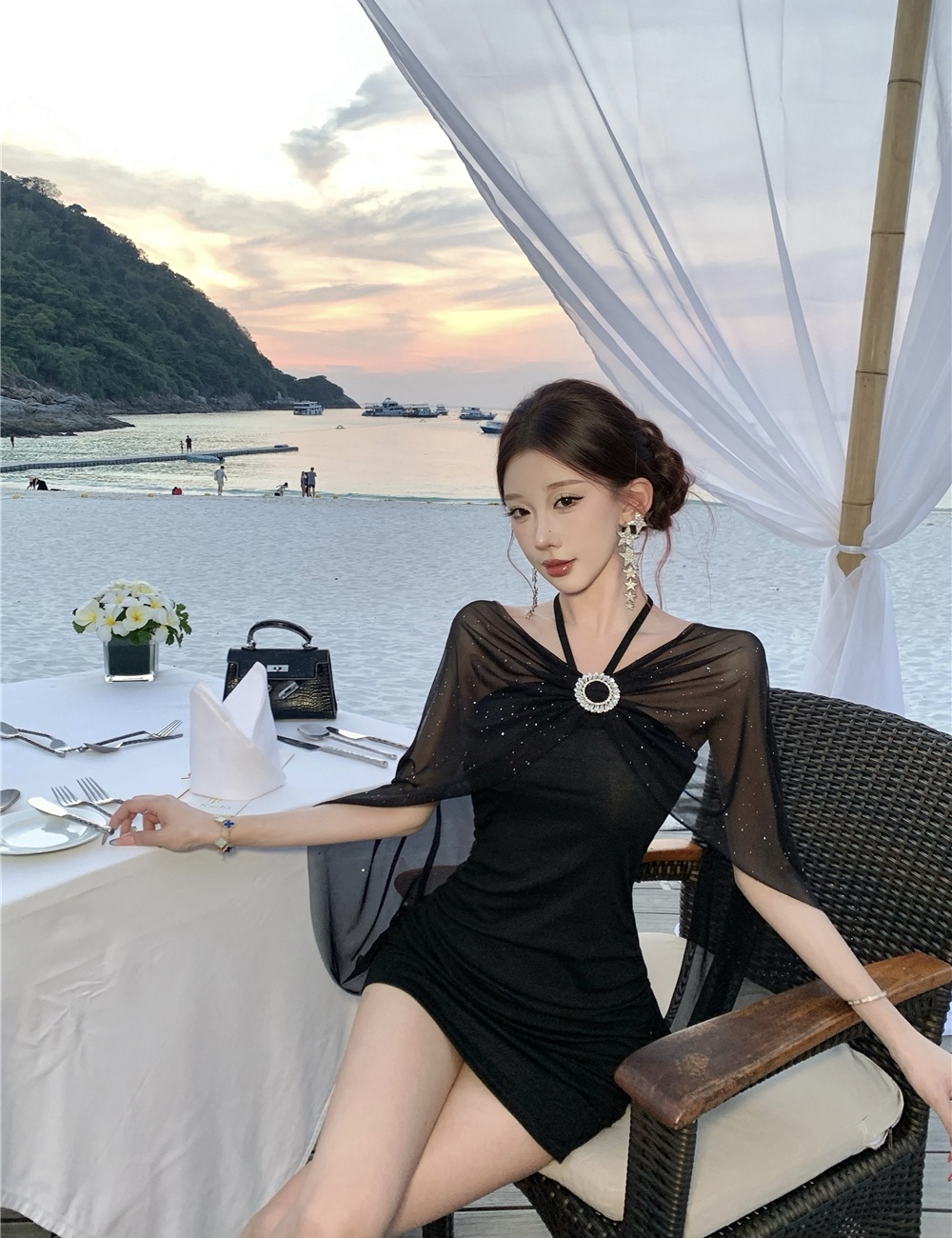 Halter package hip rhinestone summer slim dress