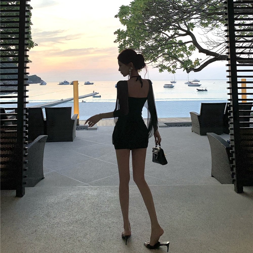 Halter package hip rhinestone summer slim dress