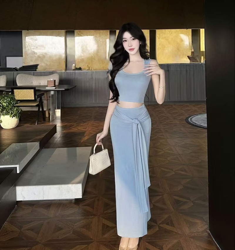 Bandage slim T-shirt summer package hip tops 2pcs set