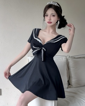 France style big skirt bow short sleeve sexy dress