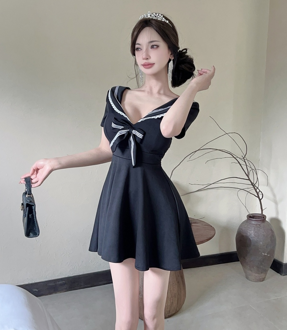 France style big skirt bow short sleeve sexy dress
