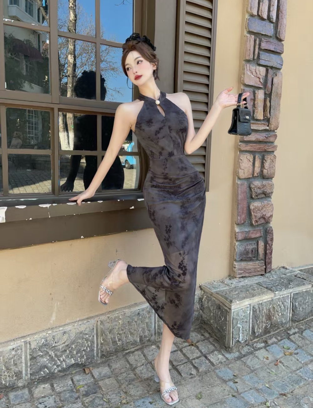 Sexy gauze cheongsam sleeveless package hip dress