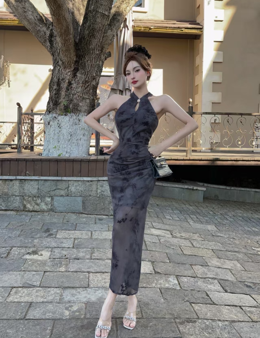 Sexy gauze cheongsam sleeveless package hip dress