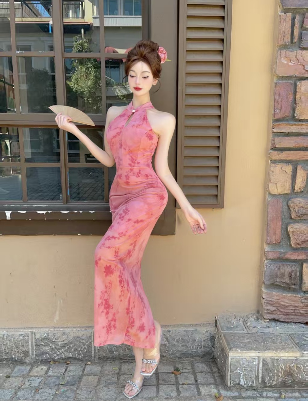 Sexy gauze cheongsam sleeveless package hip dress