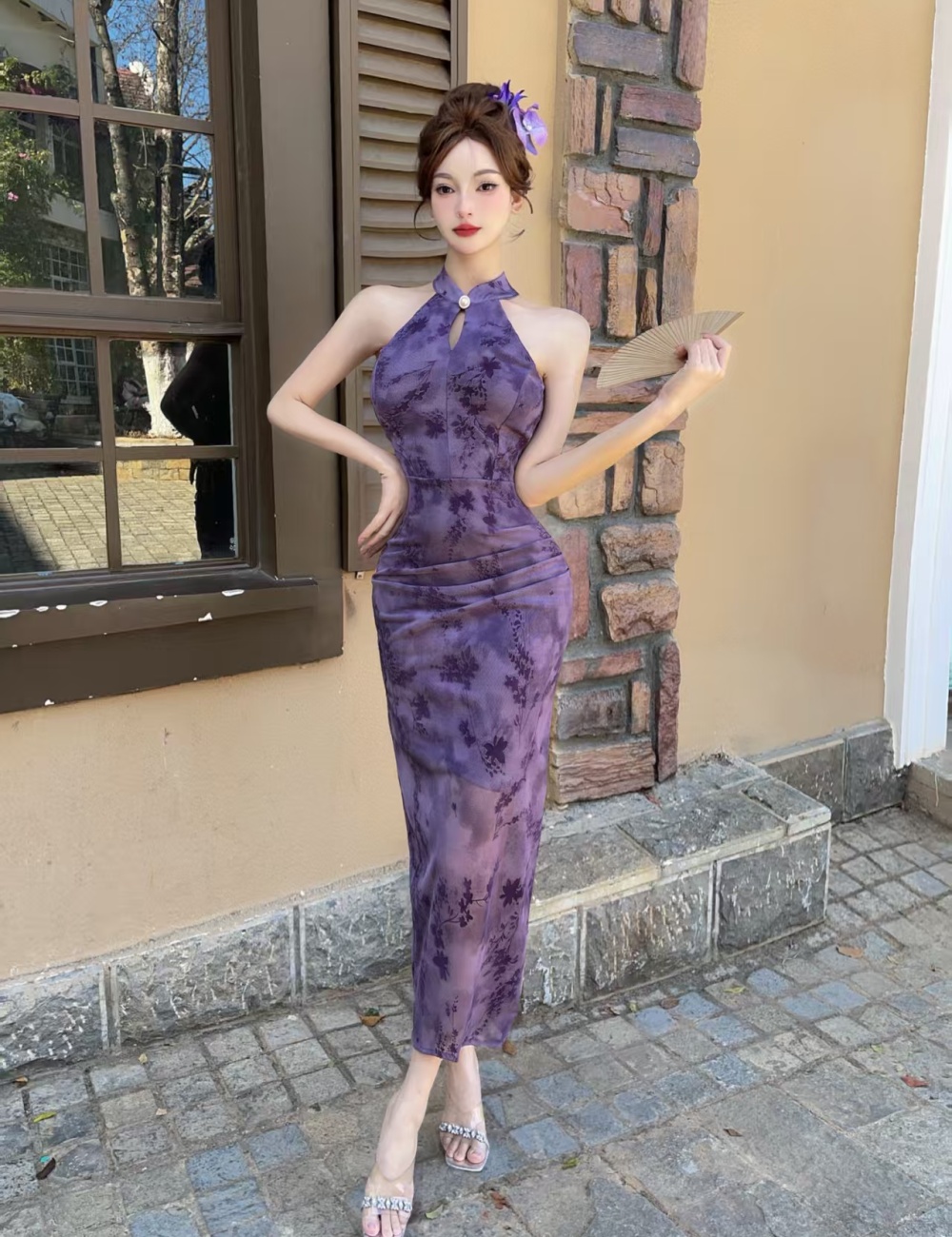 Sexy gauze cheongsam sleeveless package hip dress