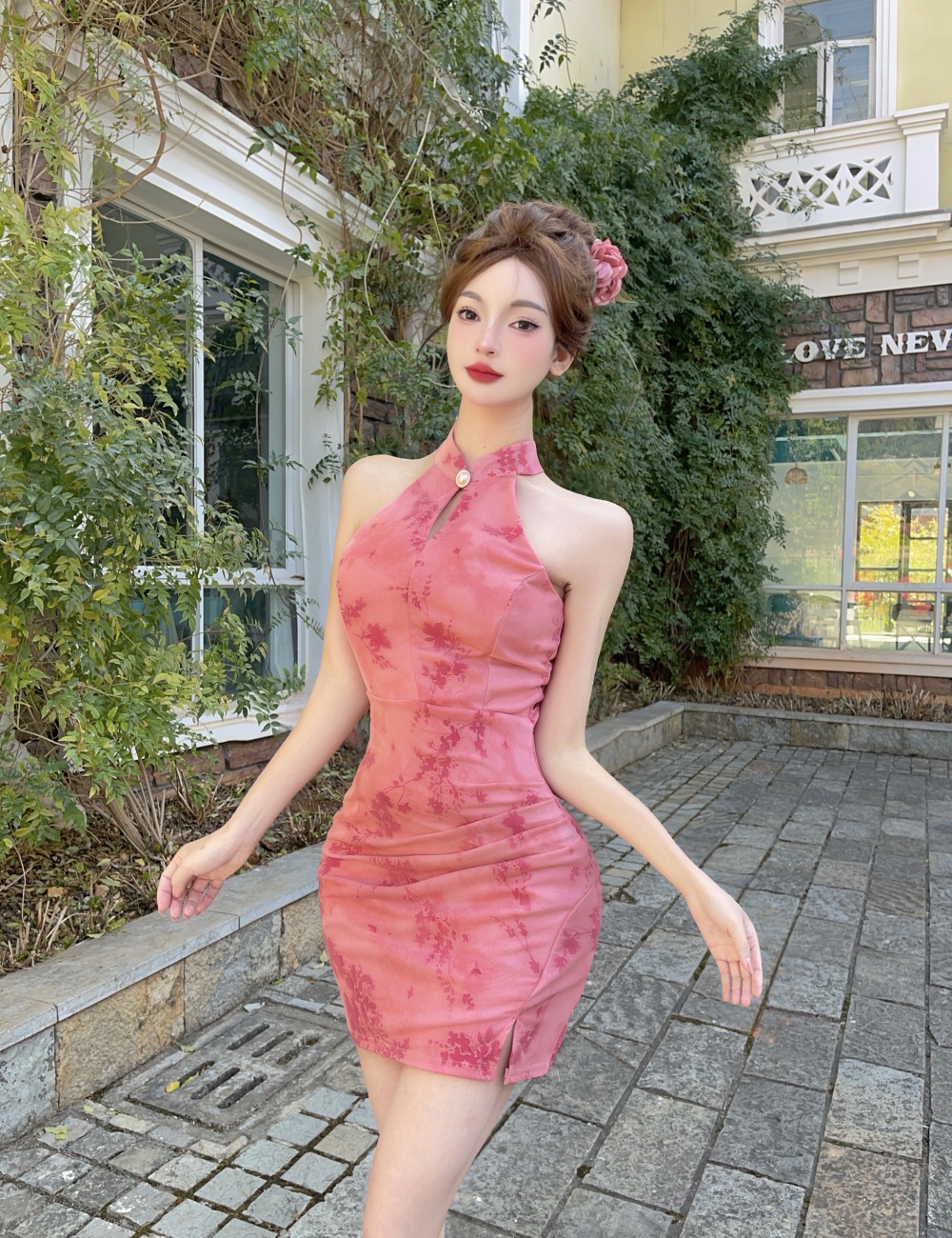 Mermaid burning flowers cheongsam elasticity gauze dress