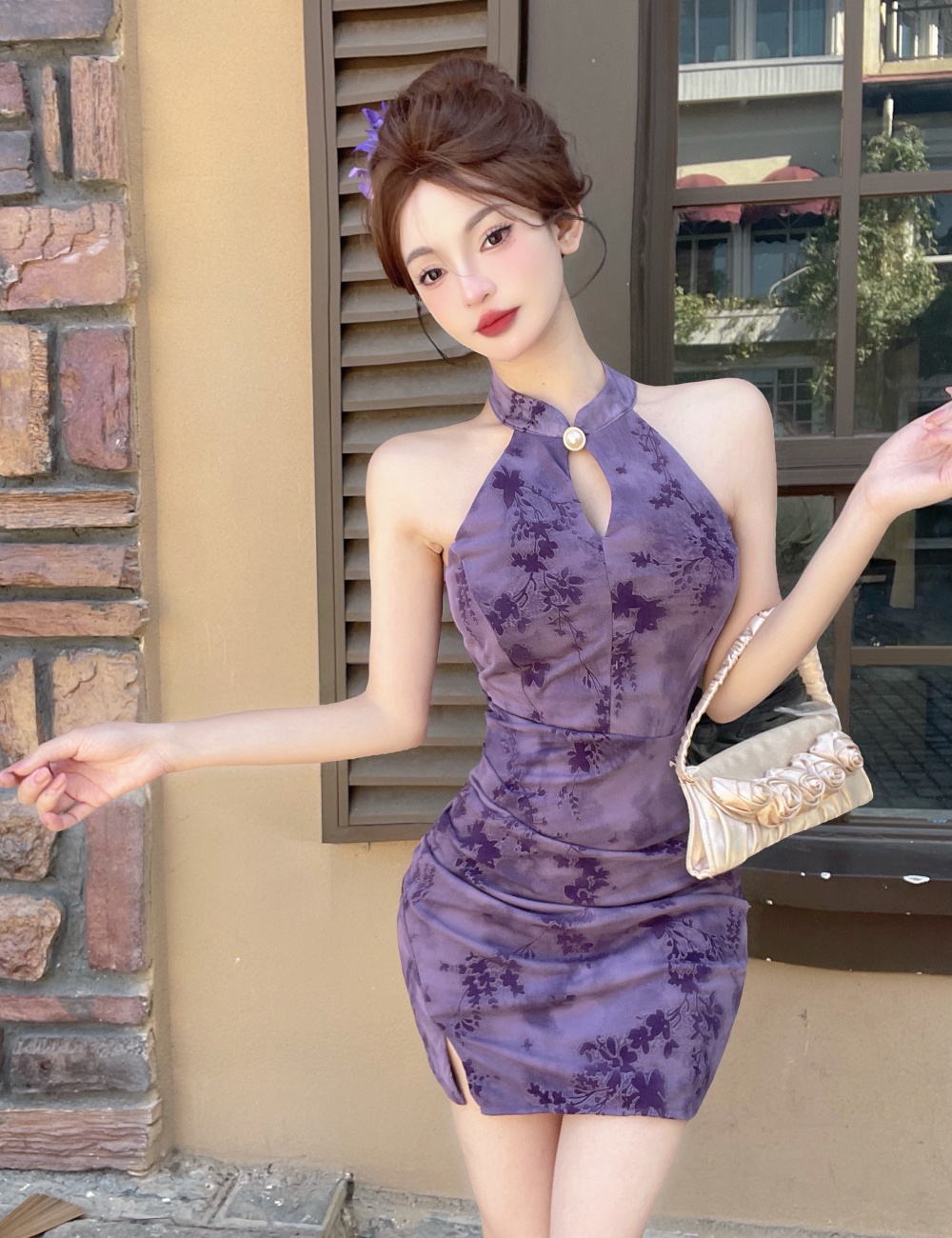 Mermaid burning flowers cheongsam elasticity gauze dress