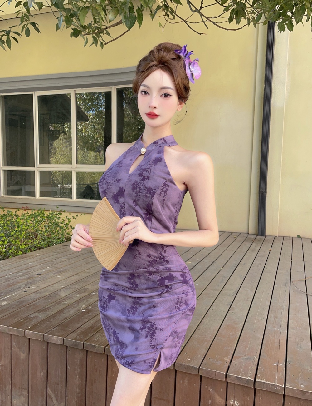 Mermaid burning flowers cheongsam elasticity gauze dress