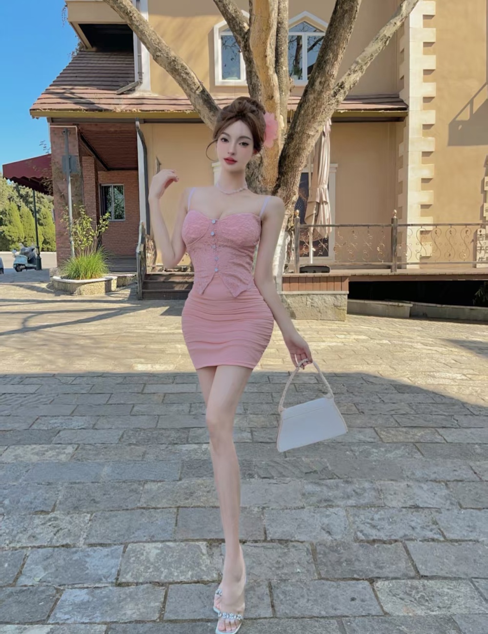 Short low-cut bottoming sling Pseudo-two gauze dress