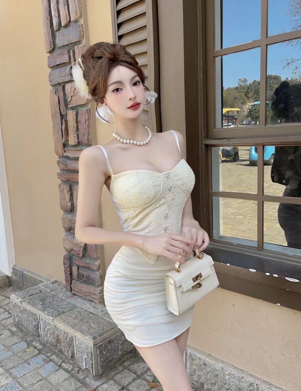 Short low-cut bottoming sling Pseudo-two gauze dress