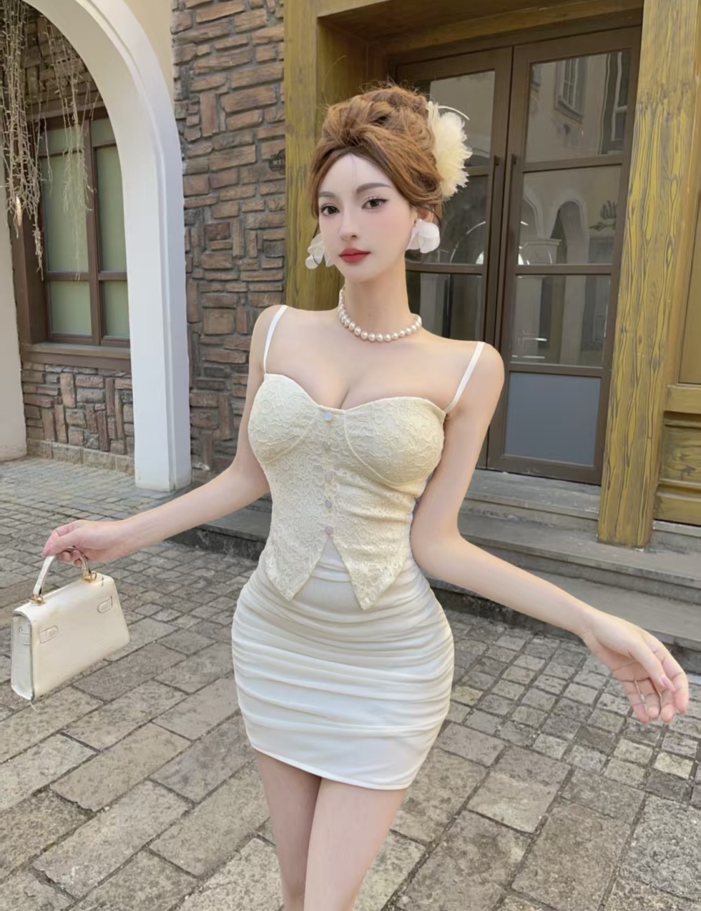 Short low-cut bottoming sling Pseudo-two gauze dress