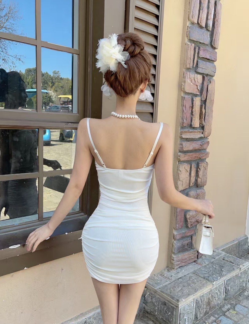 Short low-cut bottoming sling Pseudo-two gauze dress