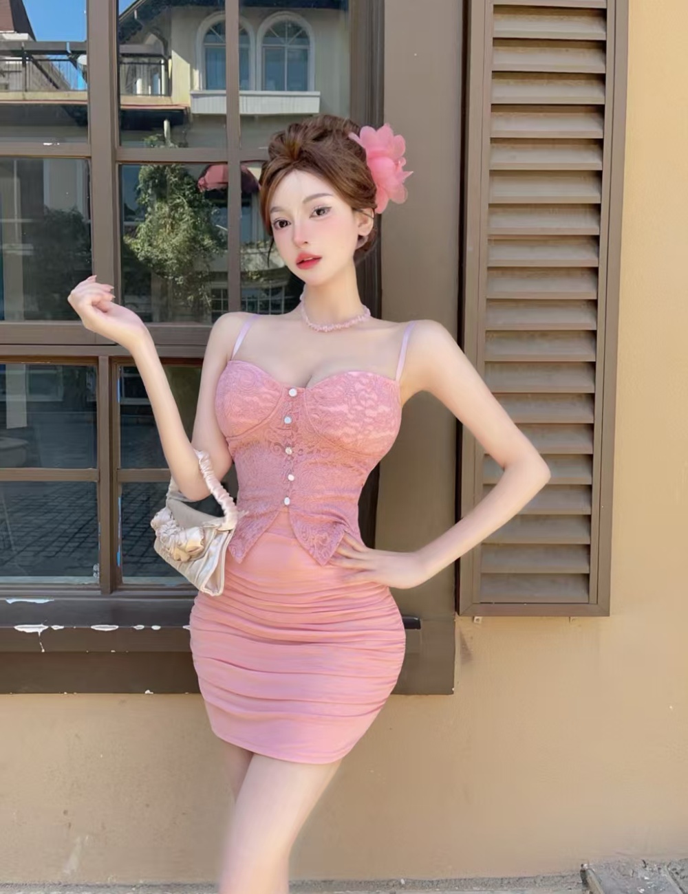 Short low-cut bottoming sling Pseudo-two gauze dress