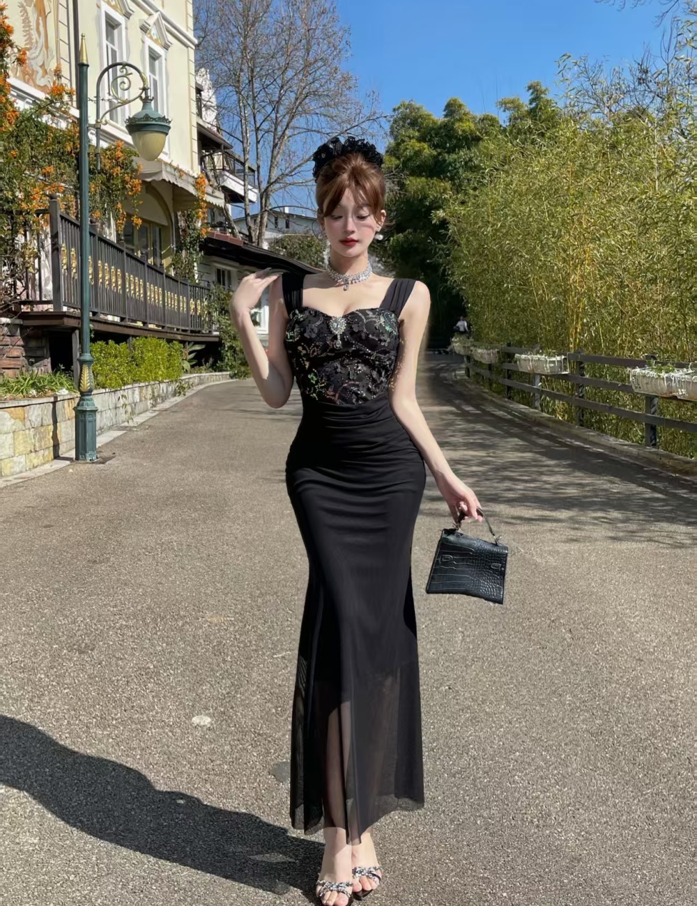 Sling temperament retro formal dress ladies lace dress