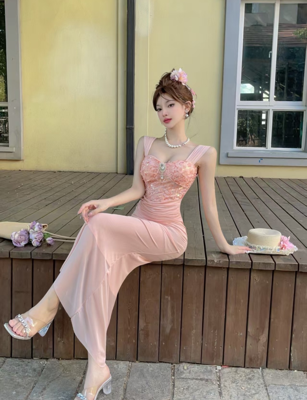 Sling temperament retro formal dress ladies lace dress