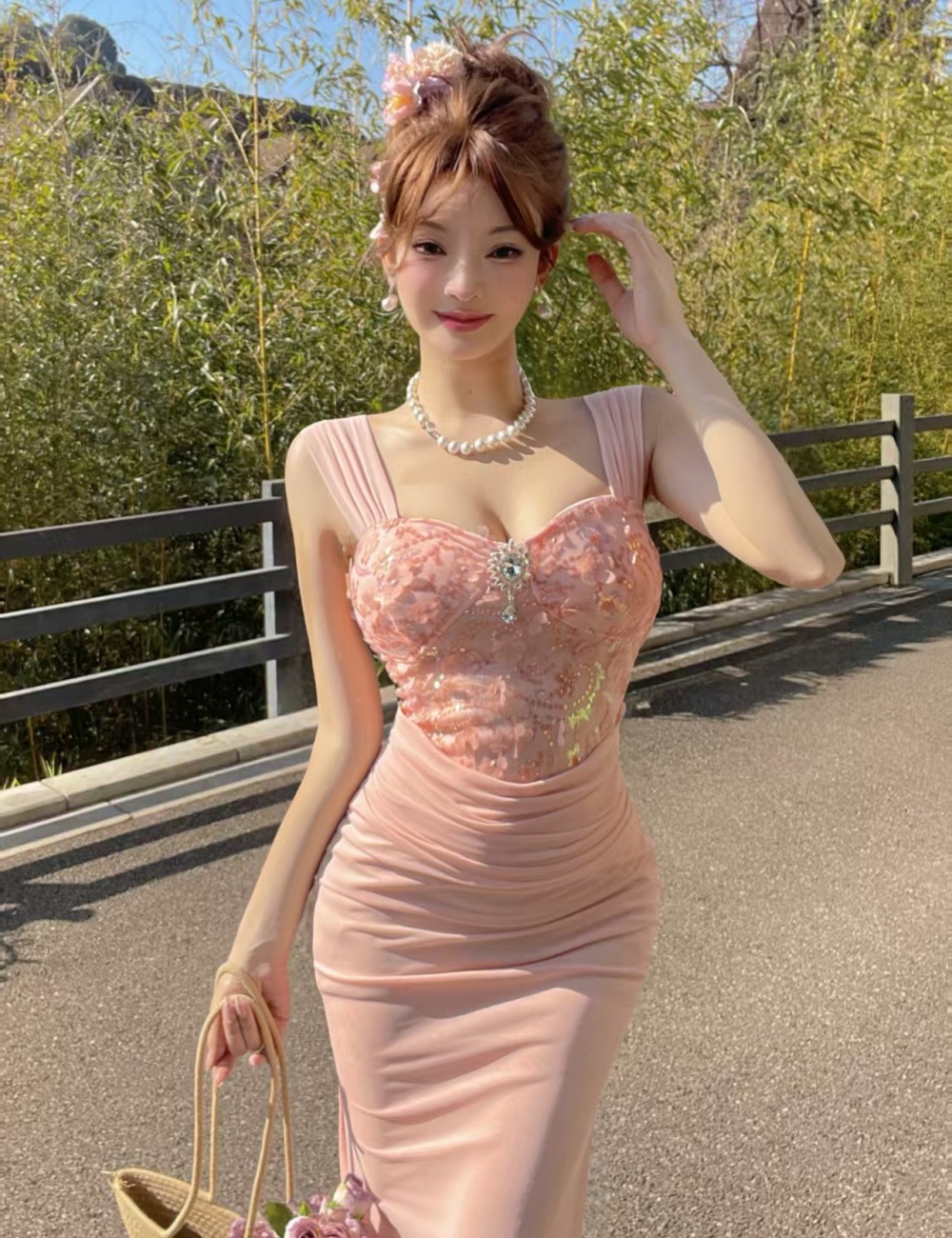 Sling temperament retro formal dress ladies lace dress