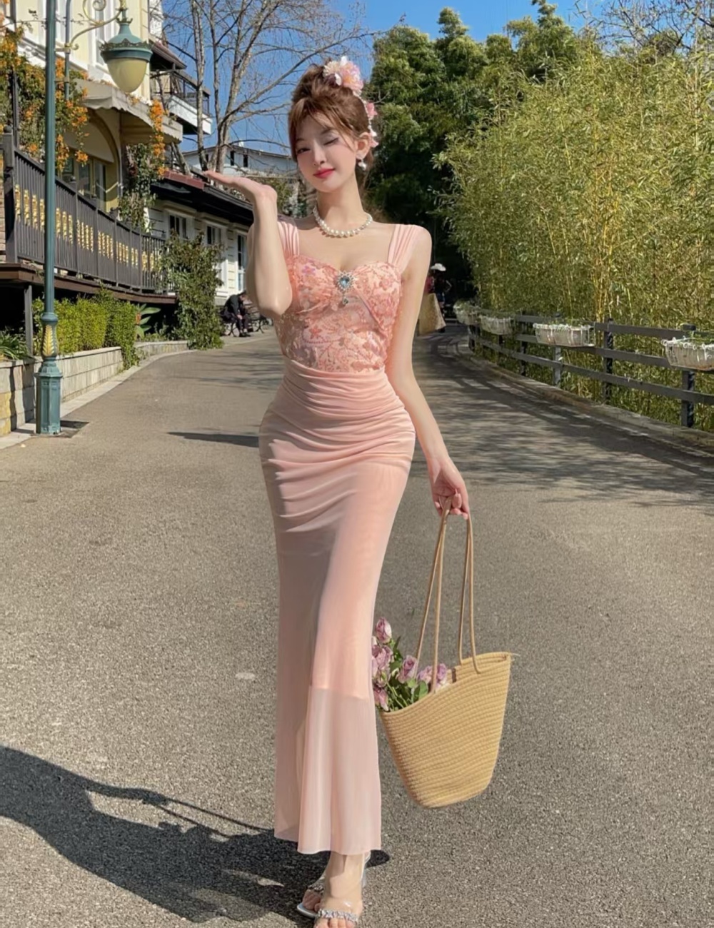 Sling temperament retro formal dress ladies lace dress