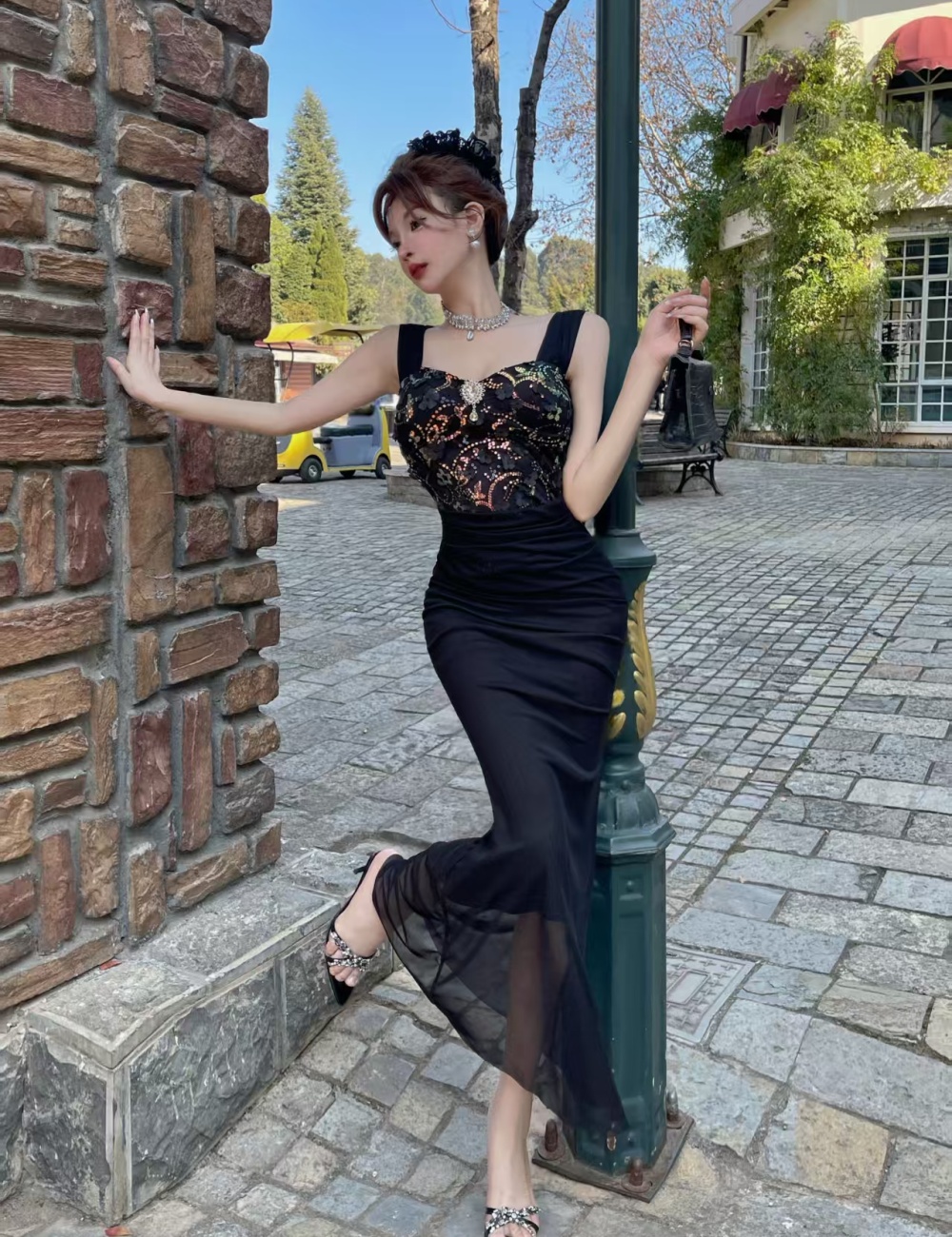 Sling temperament retro formal dress ladies lace dress